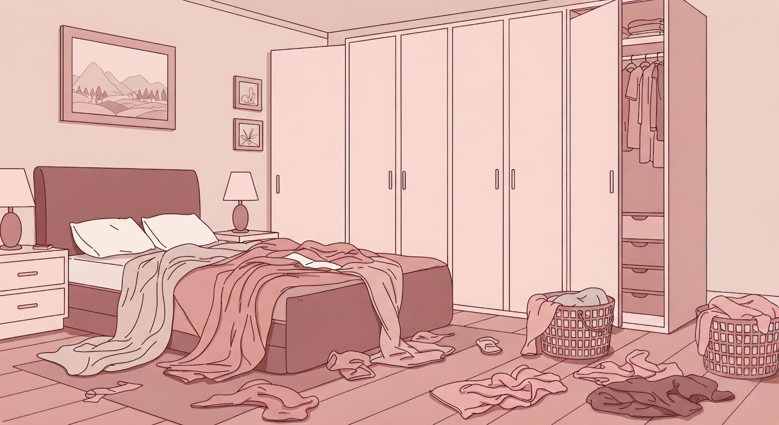 “A messy master bedroom with unfolded laundry on the floor, bed, and closet.”