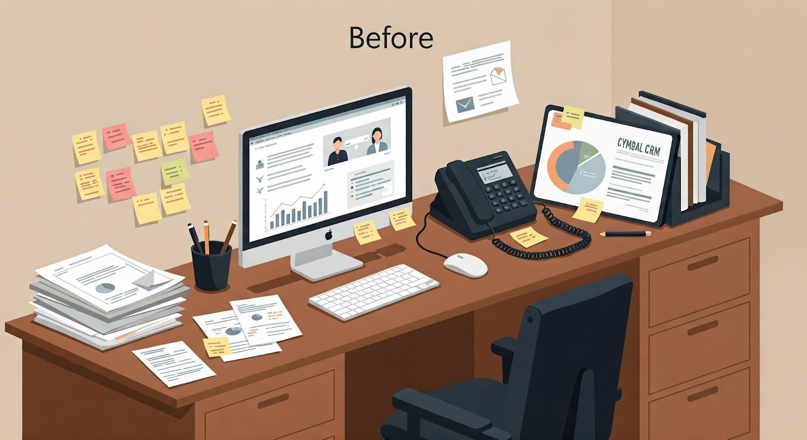 Create a visual illustration for a sales presentation slide. The image should show a "before" scenario of a retail call center desk before adopting Cymbal CRM, a cloud-based customer relationship management (CRM) system that helps retail businesses increase sales, streamline marketing, and improve customer service.  In the image, depict a cluttered call center desk. The desk is filled with messy sticky notes, scattered papers, a wired landline phone, and a generally chaotic workspace. This represents a customer still relying on traditional tools to track customer interactions and history.  This visual will be used in contrast with a "modernized after" version that highlights the benefits of using Cymbal CRM, which allows retail teams to:  Track customer interactions and history,  Manage the sales pipeline,  Create and monitor marketing campaigns,  Provide better customer service experiences.  Make sure the setting looks realistic and busy, clearly showing the challenges of the old syst